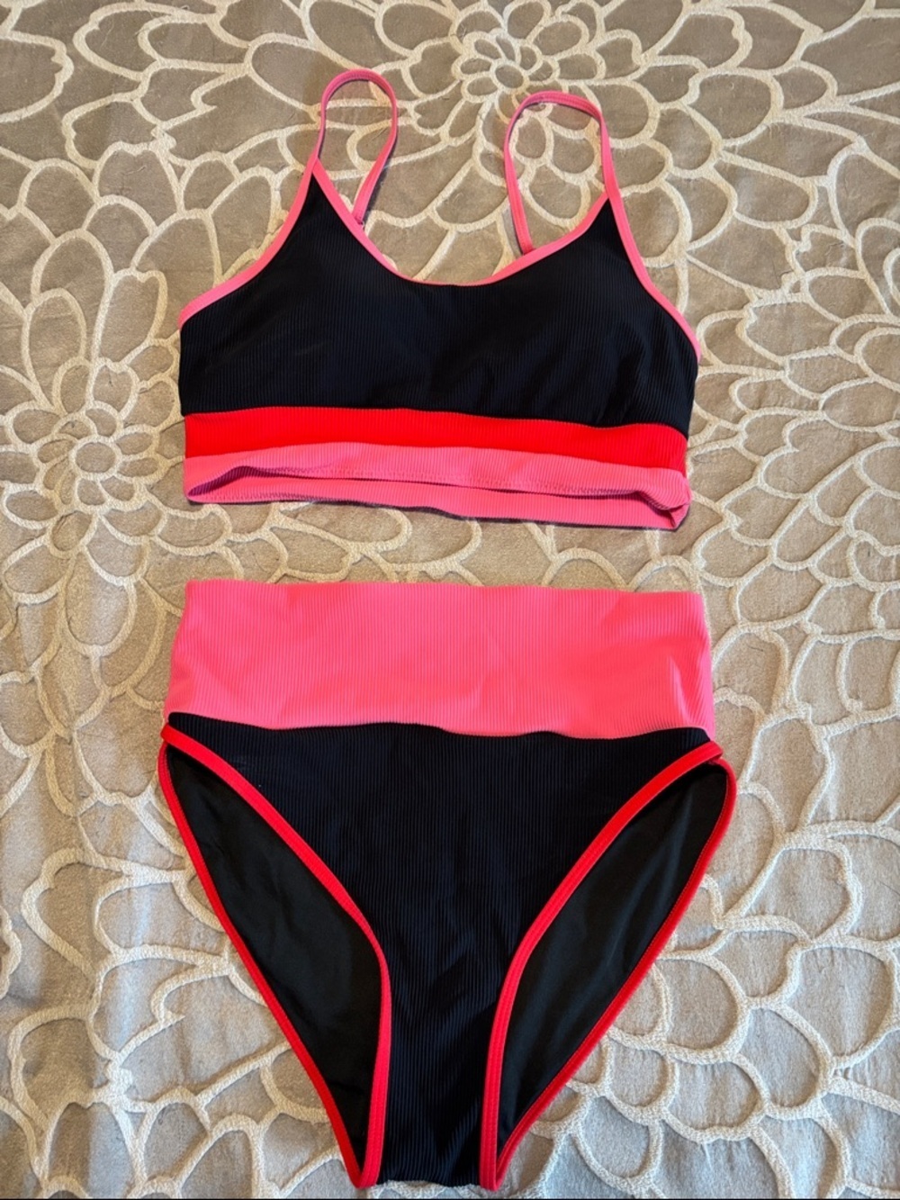 High-Waist Colorblock Bikini Bottom in Black and Hot Pink